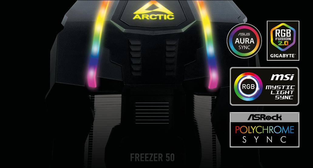Multi Compatible Dual Tower CPU Cooler ARCTIC Freezer 50 A-RGB for full Colour Control